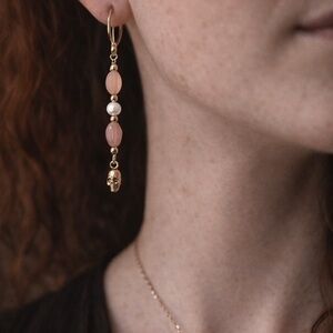 Elegant Gold and Pink  moonstone Skull Drop Earrings